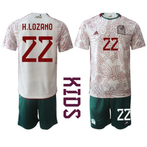 Otroški Nogometni dresi Mehika Hirving Lozano #22 Gostujoči SP 2022 Kratek Rokav (+ Kratke hlače)